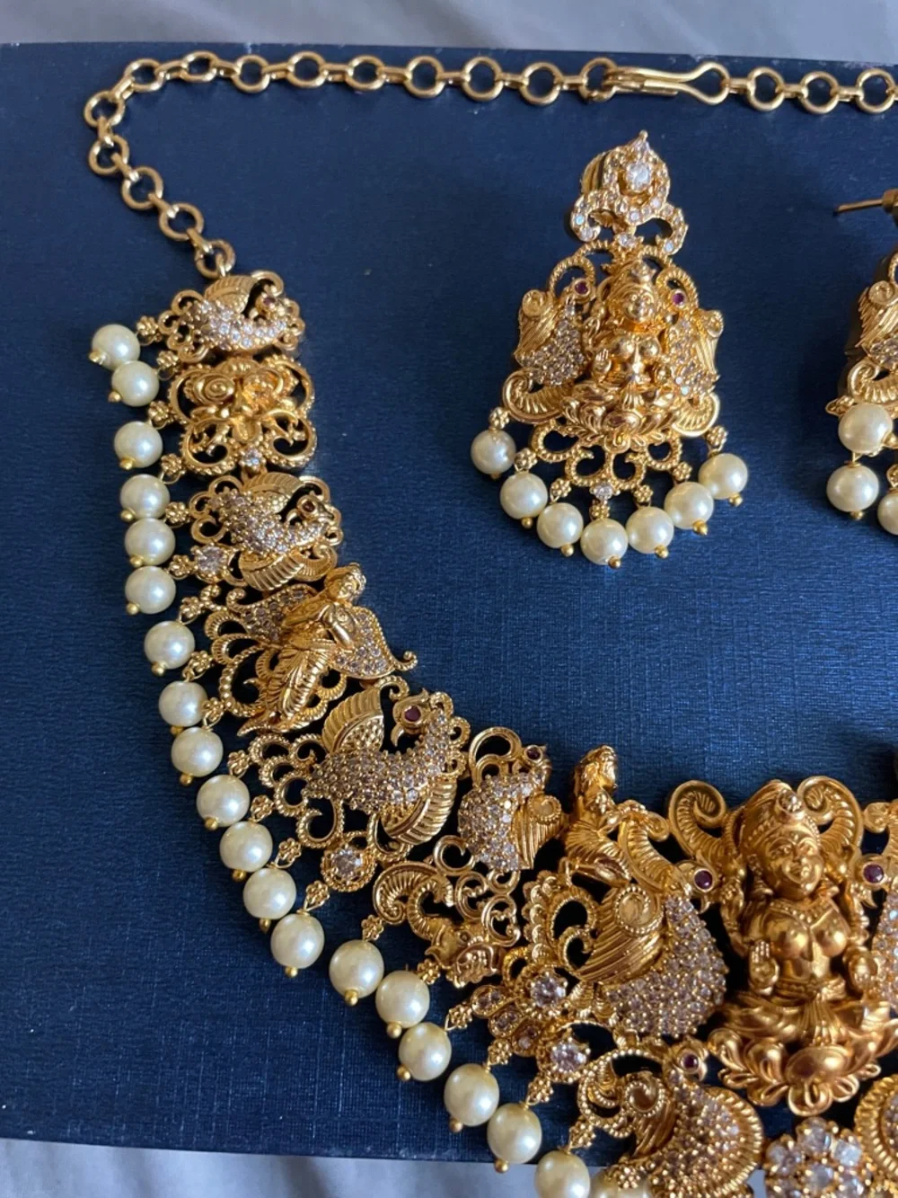 Traditional Gold-Tone Temple Necklace Set with Pearl Drops